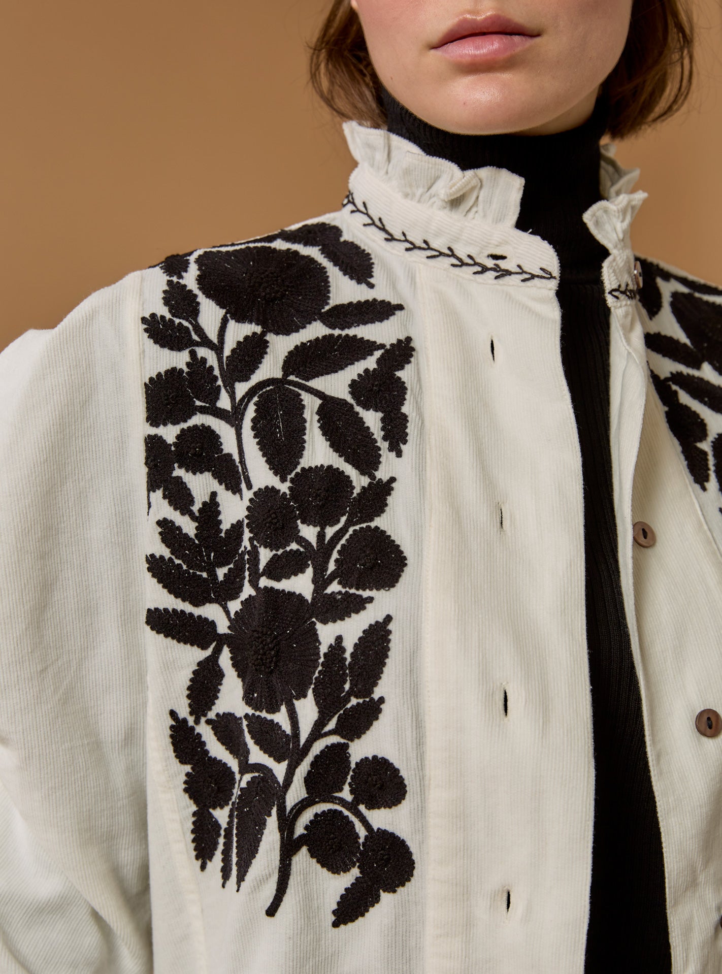 Detail view of open Wind Cream/Black Blouse - Embroidered Corduroy by Thierry Colson