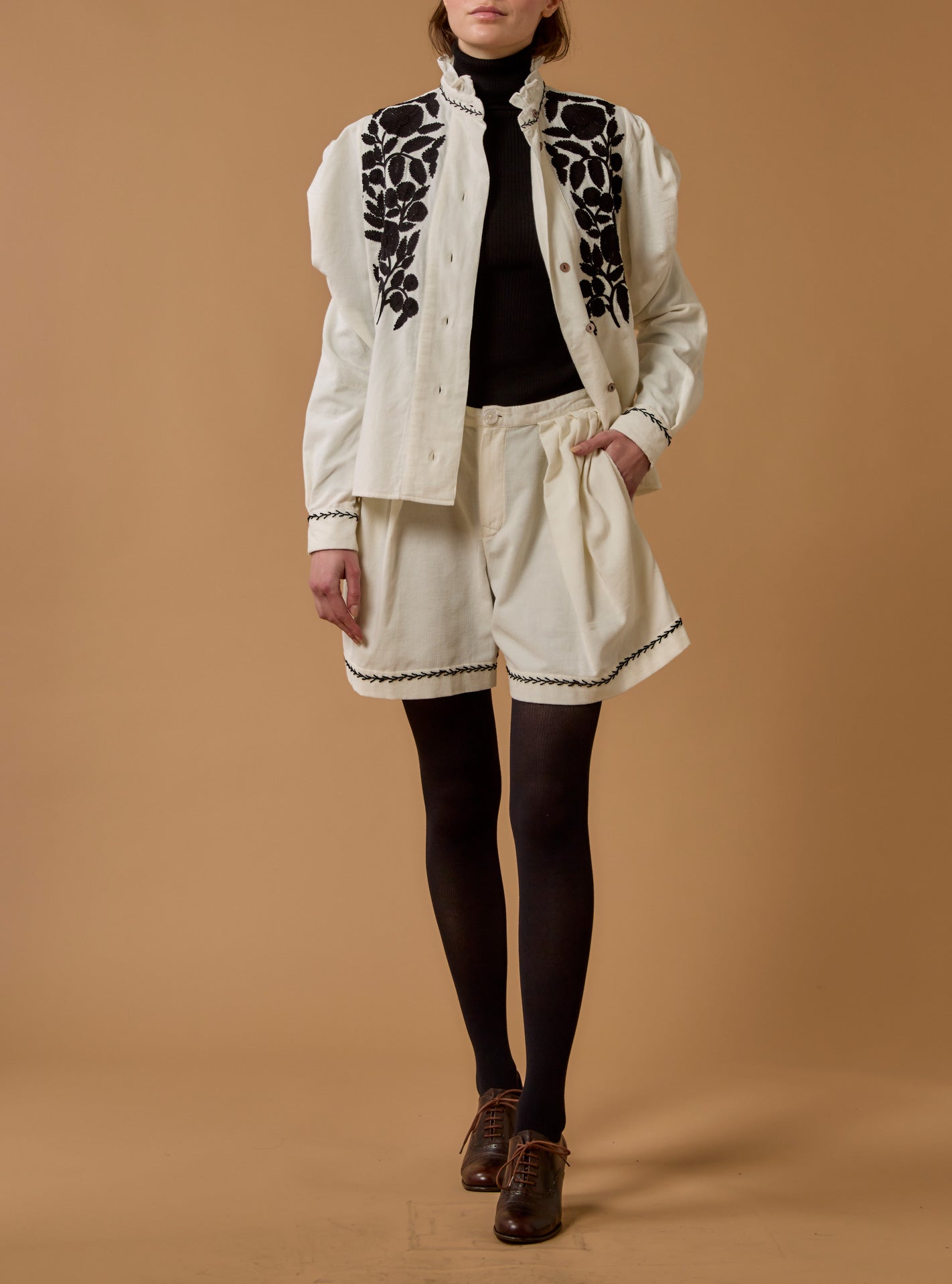 Large view of open Wind Cream/Black Blouse with Kenya Shorts - Embroidered Corduroy by Thierry Colson