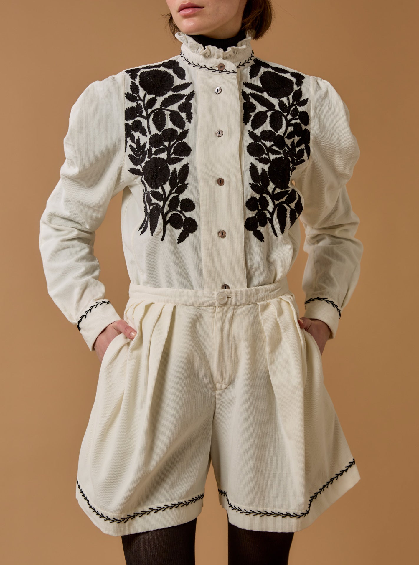Front view of Wind Cream/Black Blouse - Embroidered Corduroy by Thierry Colson