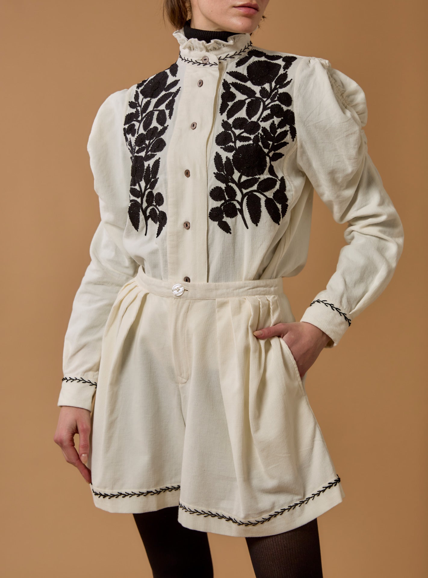 Front view of Wind Cream/Black Blouse with Kenya Shorts- Embroidered Corduroy by Thierry Colson