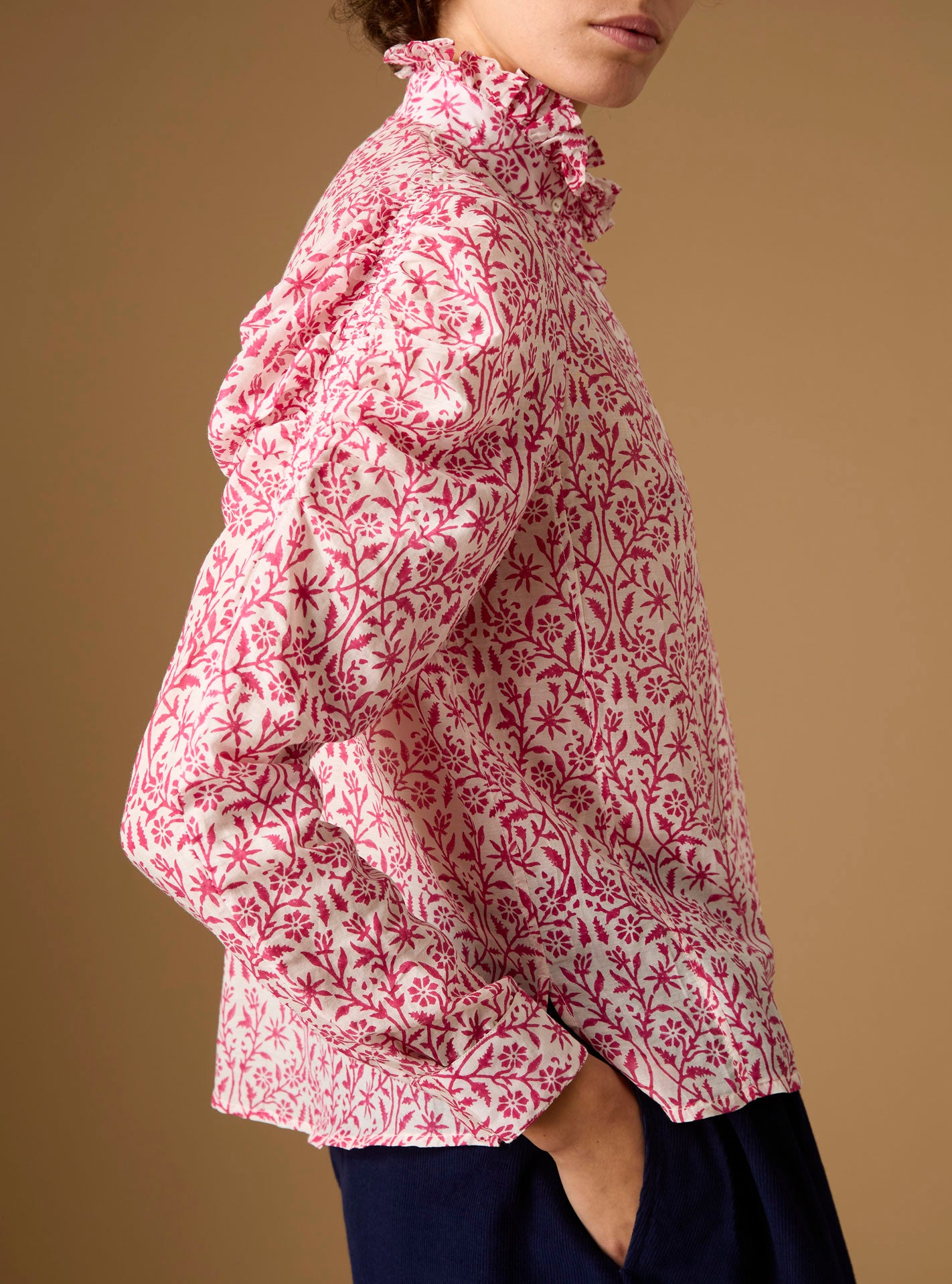 Side view of Wind Bright Rose Blouse with Kenya shorts - Paper Cut Print by Thierry Colson