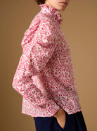 Side view of Wind Bright Rose Blouse with Kenya shorts - Paper Cut Print by Thierry Colson