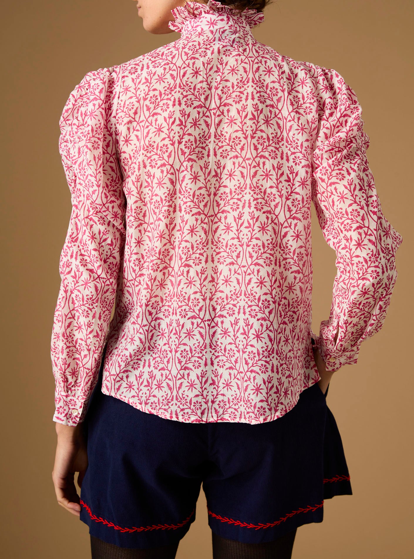 Back view of Wind Bright Rose Blouse with Kenya shorts - Paper Cut Print by Thierry Colson