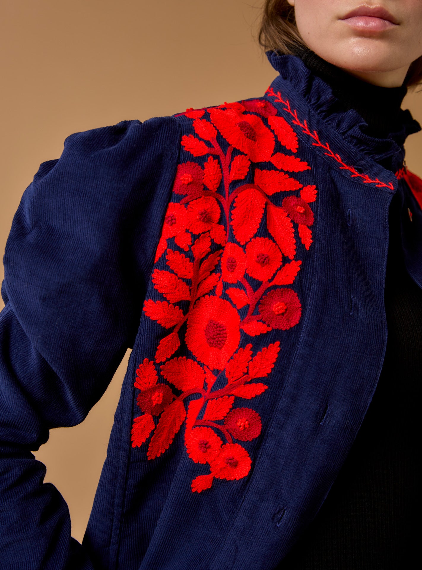 Detail view of Wind  Navy/Red Blouse - Embroidered Corduroy by Thierry Colson