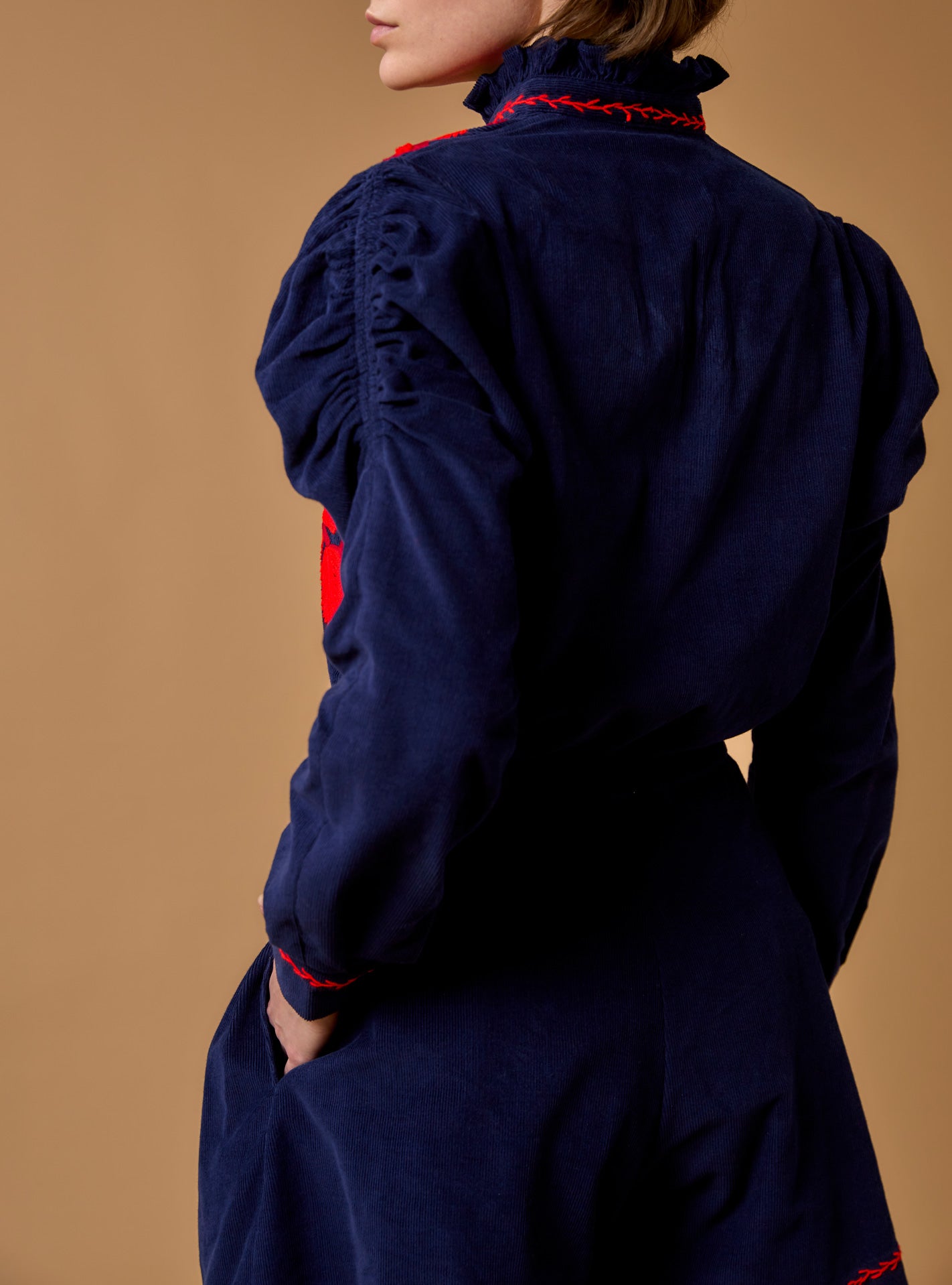 Back view of Wind  Navy/Red Blouse - Embroidered Corduroy by Thierry Colson