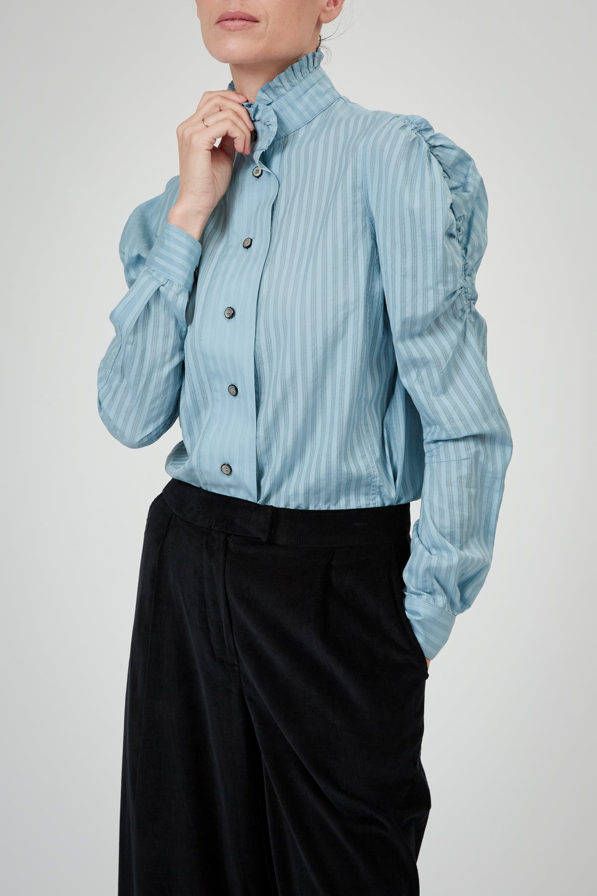 Wind Long Sleeves Shirt - Stone Blue - Chiffon Fileté