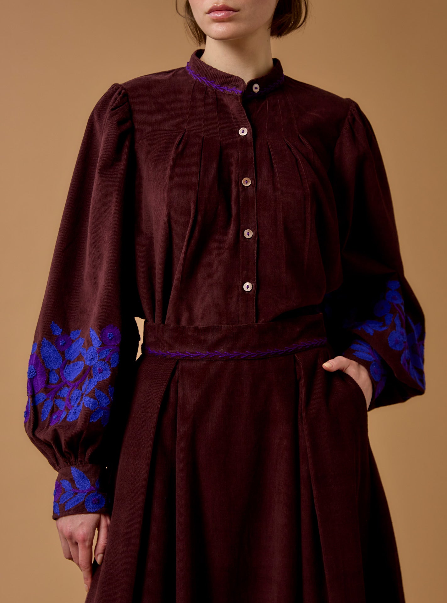 Close-up, Front view of Yana Chocolate/Cobalt & Purple Blouse - Embroidered Corduroy by Thierry Colson 