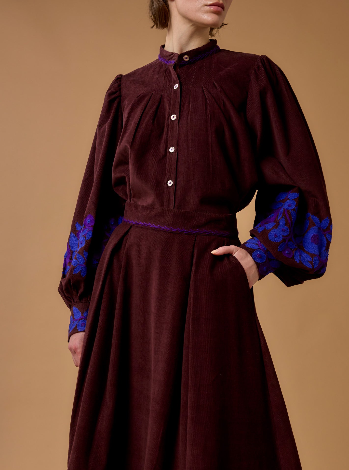 Front view of Yana Chocolate/Cobalt & Purple Blouse - Embroidered Corduroy by Thierry Colson 