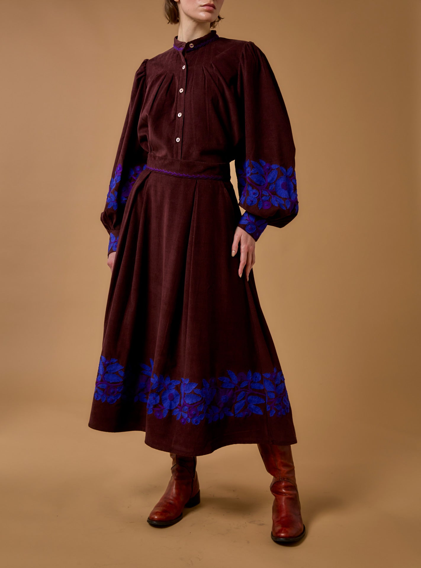 Large view of Wynona Chocolate/Cobalt & Purple Skirt with a Yana Blouse - Embroidered Corduroy by Thierry Colson 