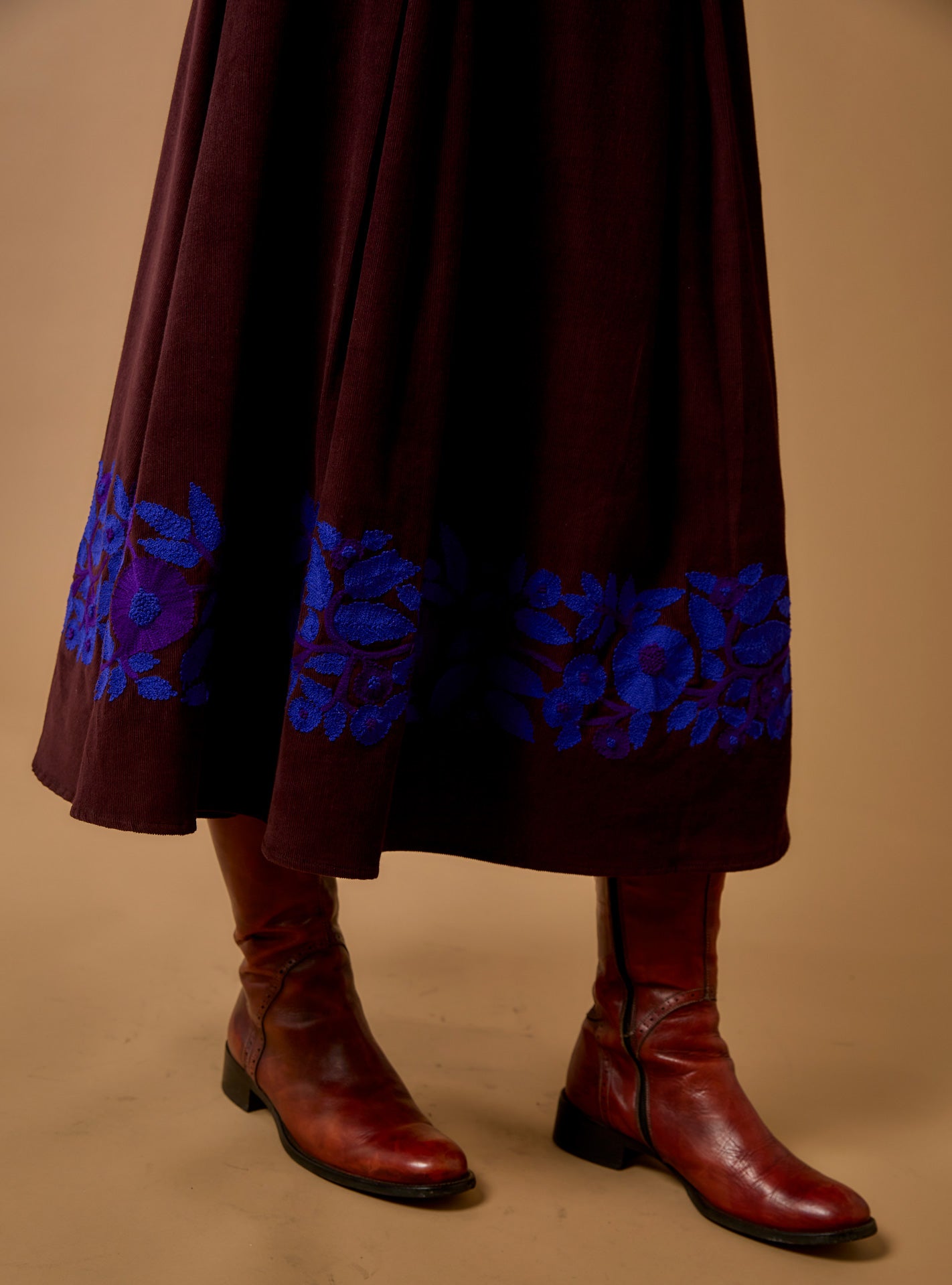 Detail view of Wynona Chocolate/Cobalt & Purple Skirt - Embroidered Corduroy by Thierry Colson 