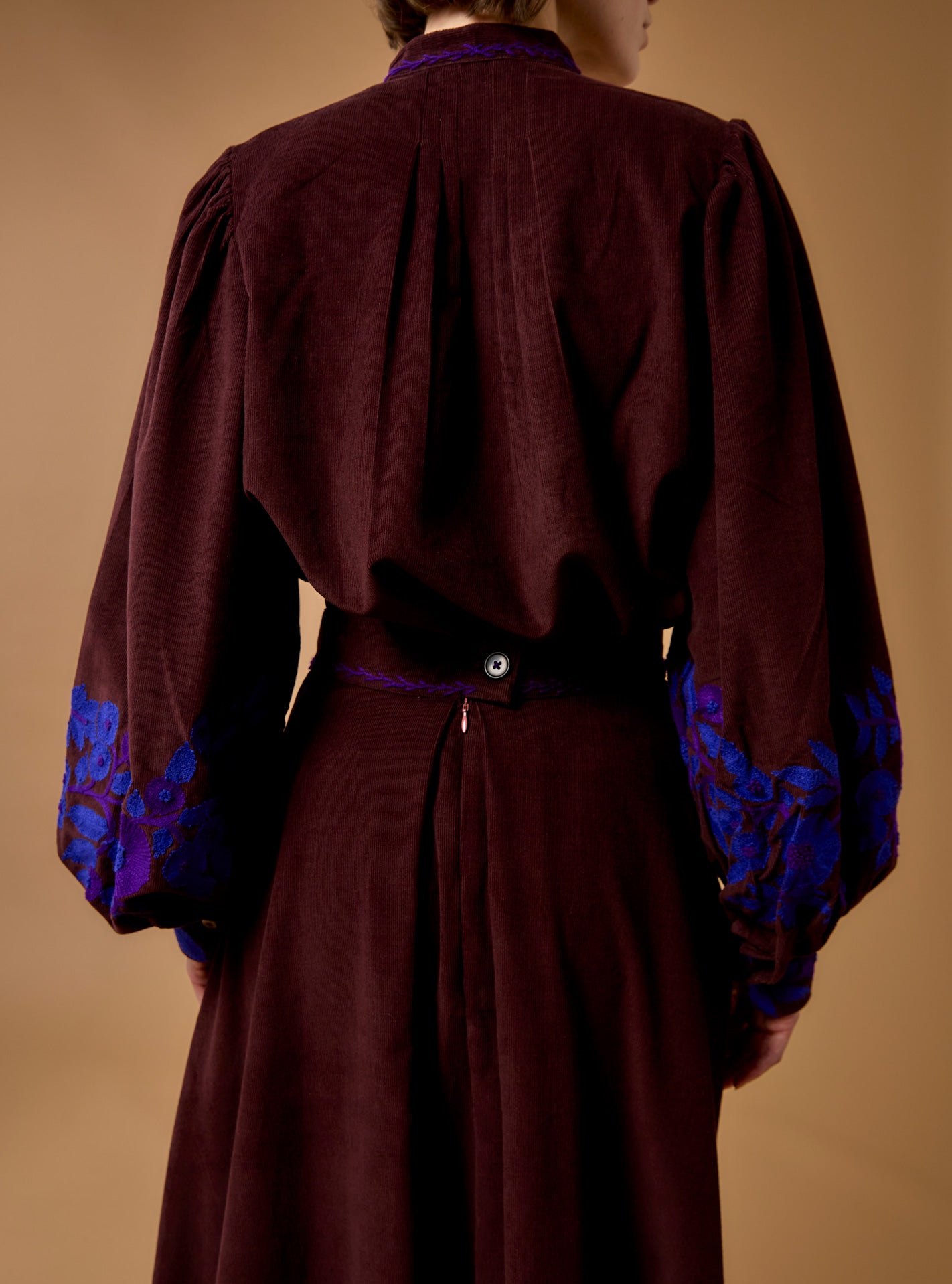 Back view of Yana Chocolate/Cobalt & Purple Blouse - Embroidered Corduroy by Thierry Colson 