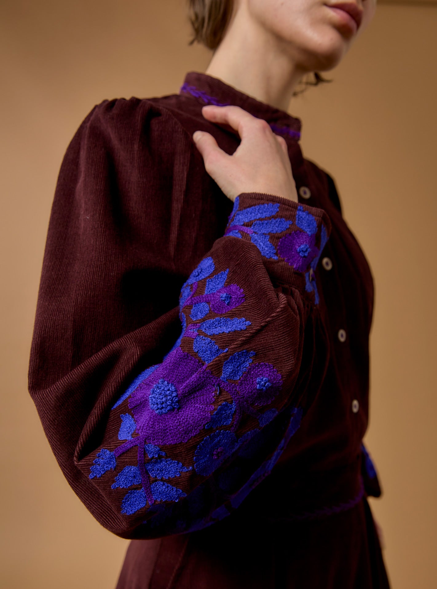 Sleeve detail of Yana Chocolate/Cobalt & Purple Blouse - Embroidered Corduroy by Thierry Colson 