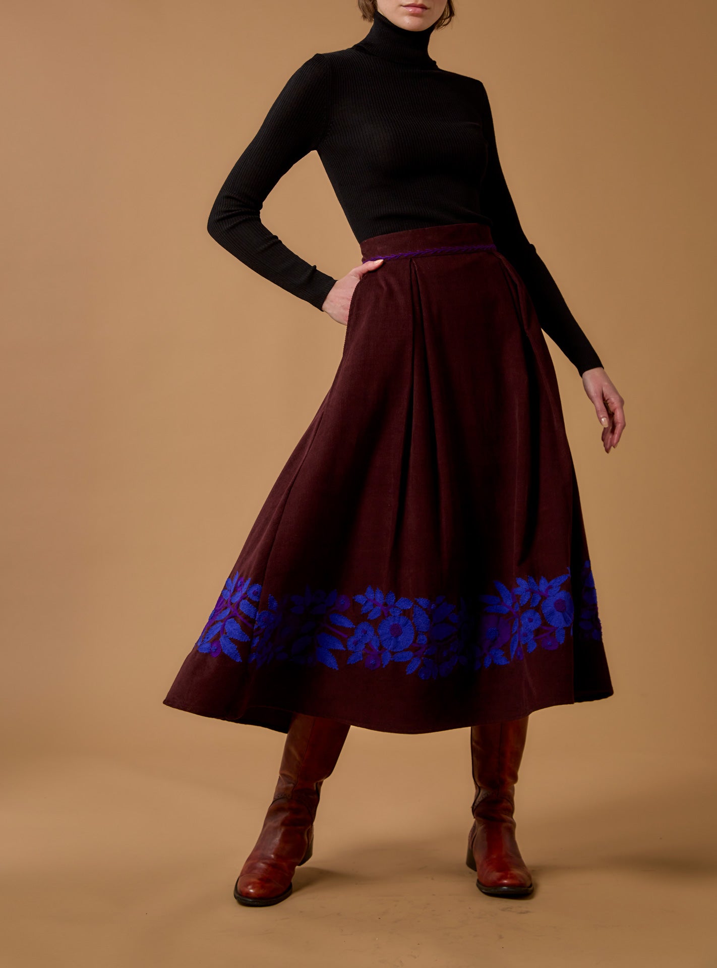 Large view of Wynona Chocolate/Cobalt & Purple Skirt - Embroidered Corduroy by Thierry Colson 