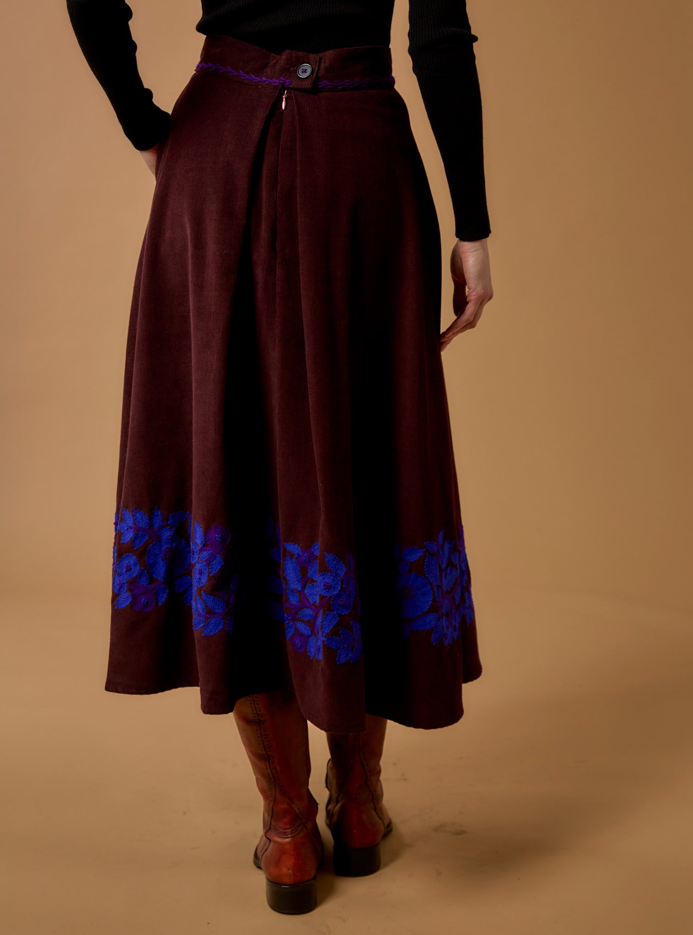Back view of Wynona Chocolate/Cobalt & Purple Skirt - Embroidered Corduroy by Thierry Colson 