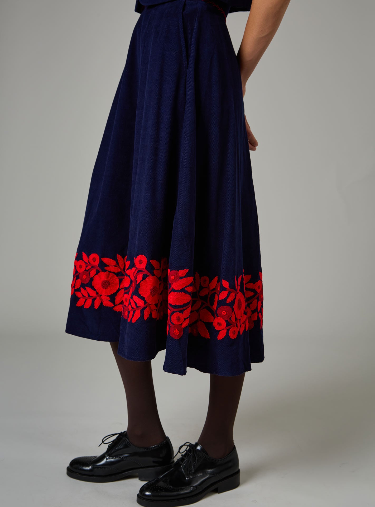 Yardley Embroidered Corduroy Navy Red Skirt by Thierry Coslon Thierry Colson