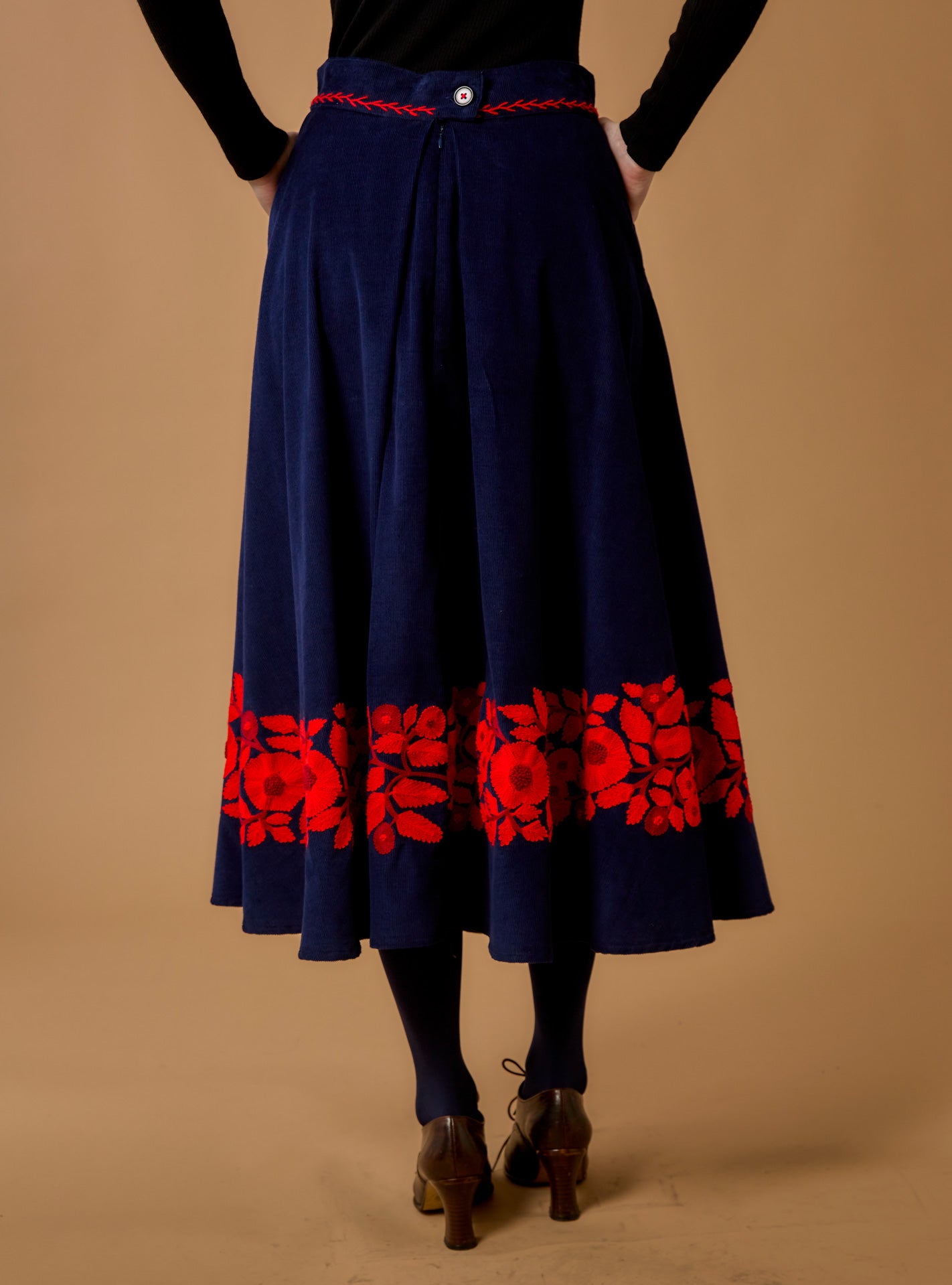 Back view of Wynona Navy/Red Skirt - Embroidered Corduroy by Thierry Colson