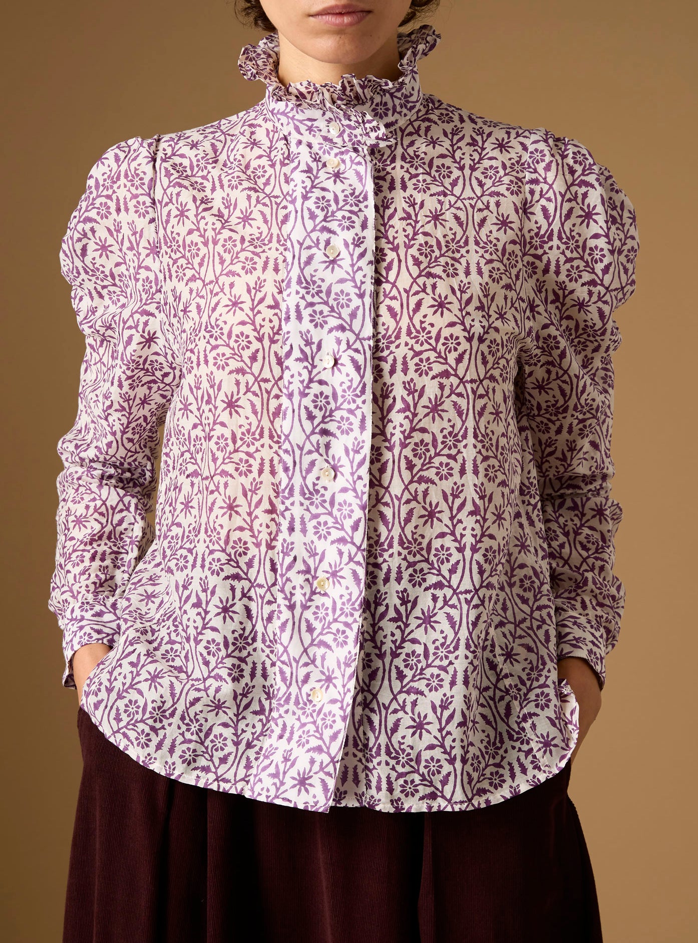 Close-up Front view of Wind Magic Purple Blouse with Wynona Skirt - Paper Cut Print by Thierry Colson 