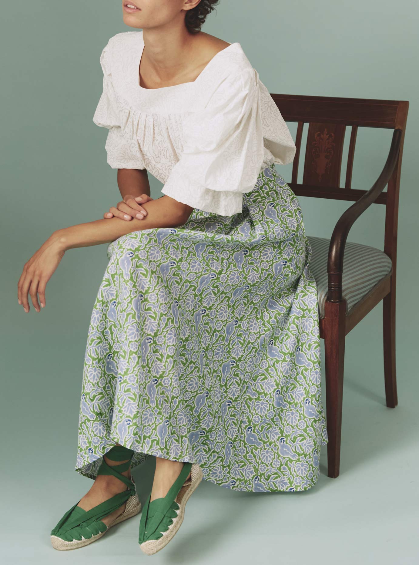 Wynona Green / Blue Grey Parrot Print Skirt by Thierry Colson