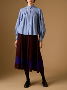 Yana county Grey Blue Stripes Blouse with Wynona Chocolate Corduroy skirt by Thierry Colson