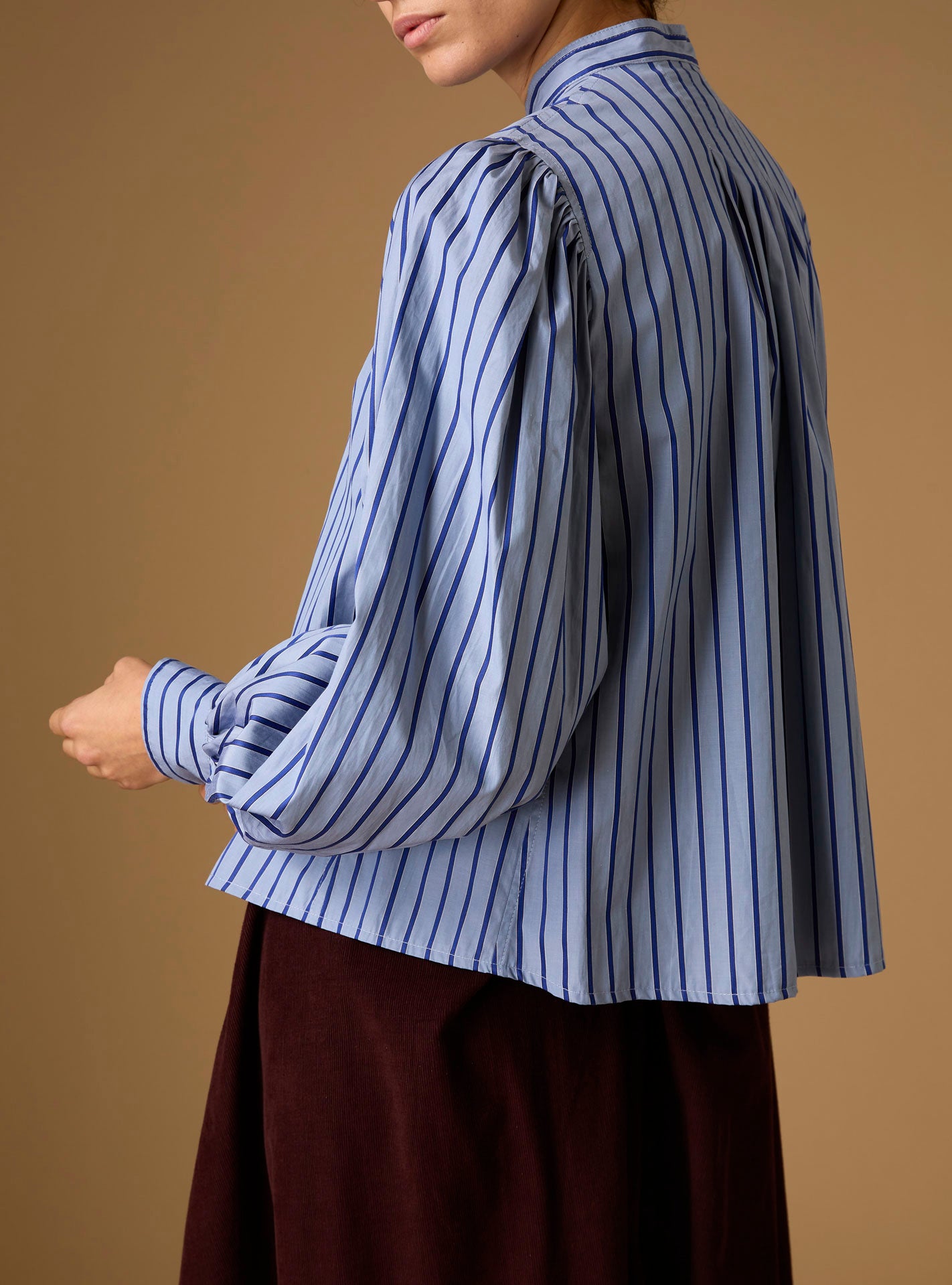 Back view of Yana county Grey Blue Stripes Blouse by Thierry Colson