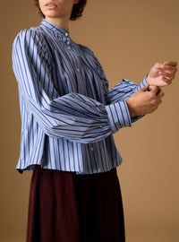 Detail of Yana county Grey Blue Stripes Blouse by Thierry Colson