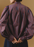 Back view of Yana County Brown Blue Stripes Blouse by Thierry Colson