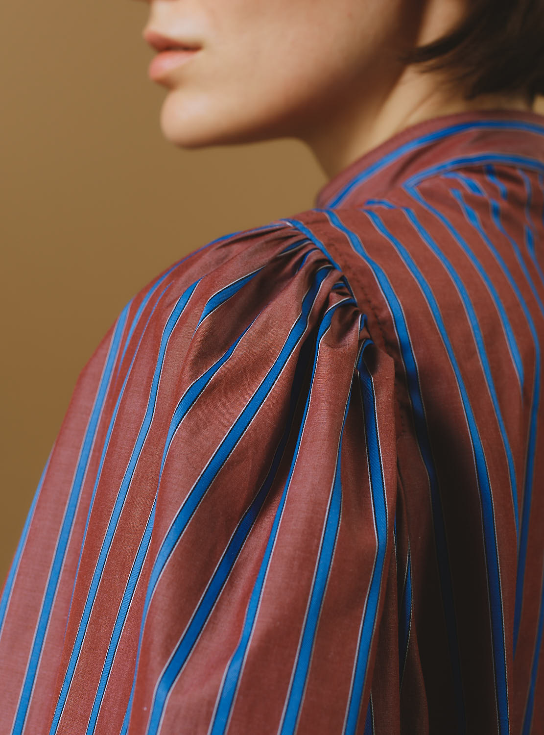 Sleeve detail of Yana County Brown Blue Stripes Blouse by Thierry Colson