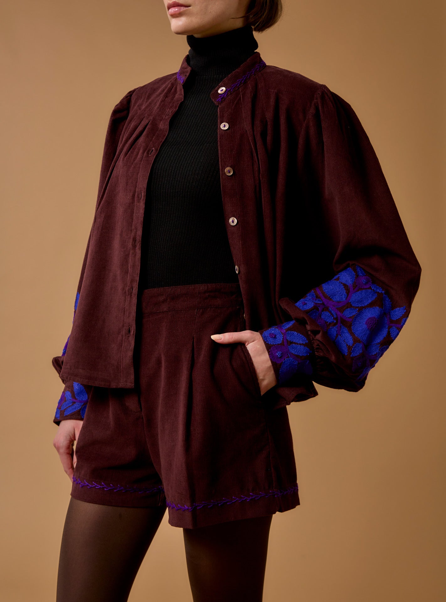 Open view of Yana Chocolate/Cobalt & Purple Blouse - Embroidered Corduroy by Thierry Colson 