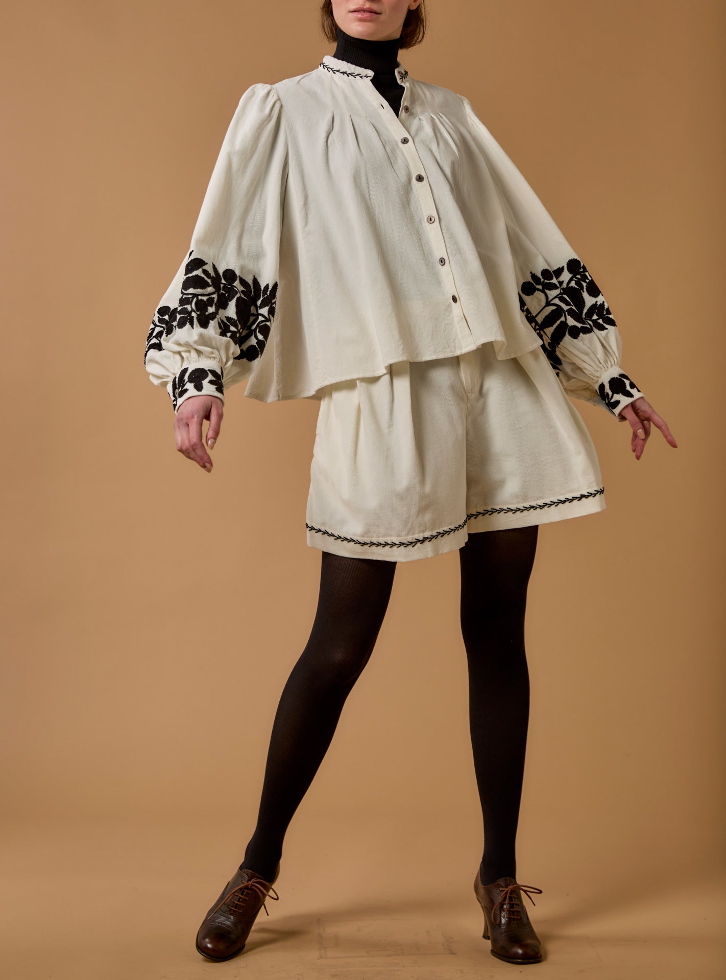 Large view of Yana corduroy Cream Blouse with black embroidered by Thierry Colson