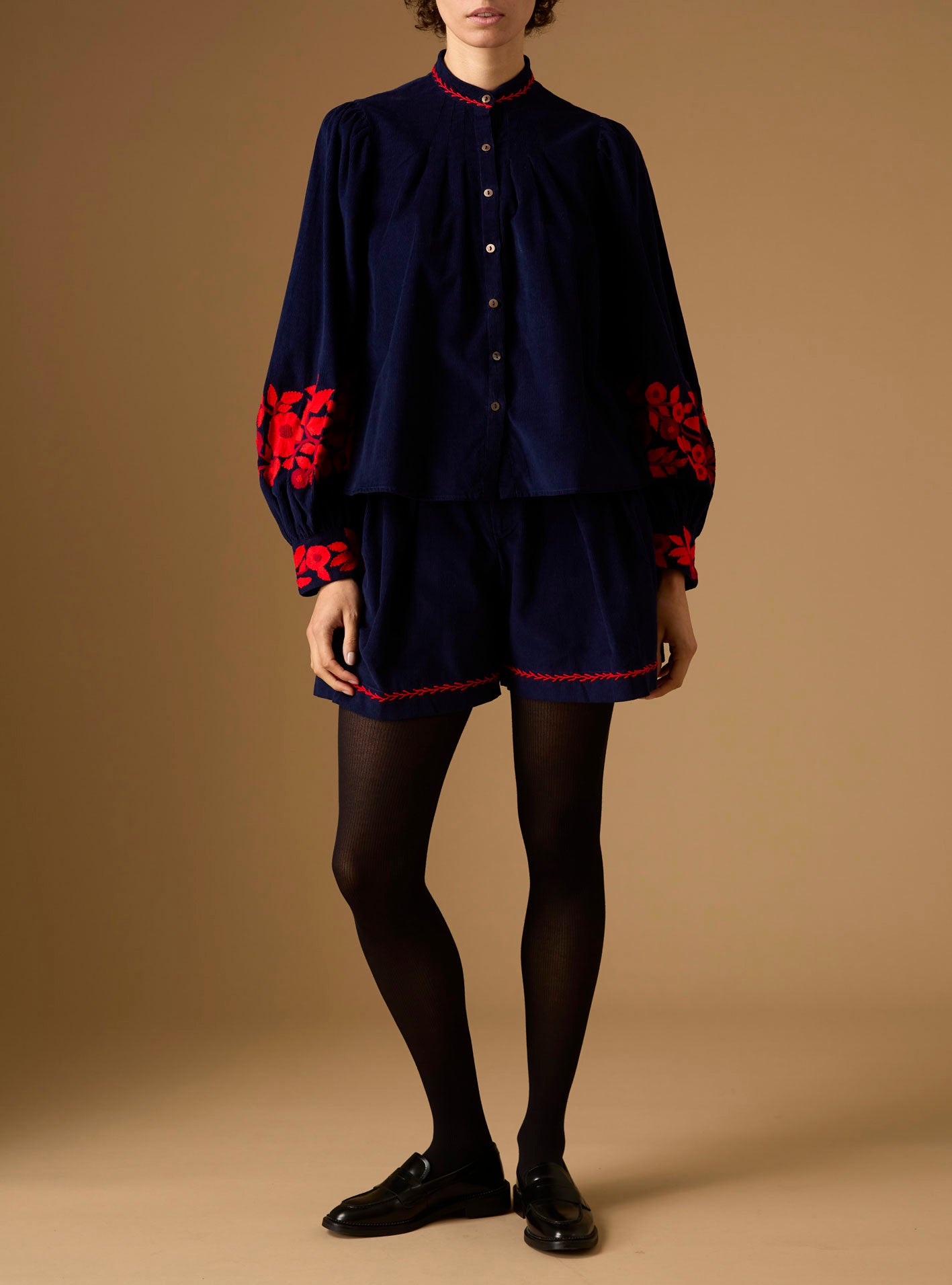 Front view of Yana navy/red Blouse - Embroidered corduroy by Thierry Colson 