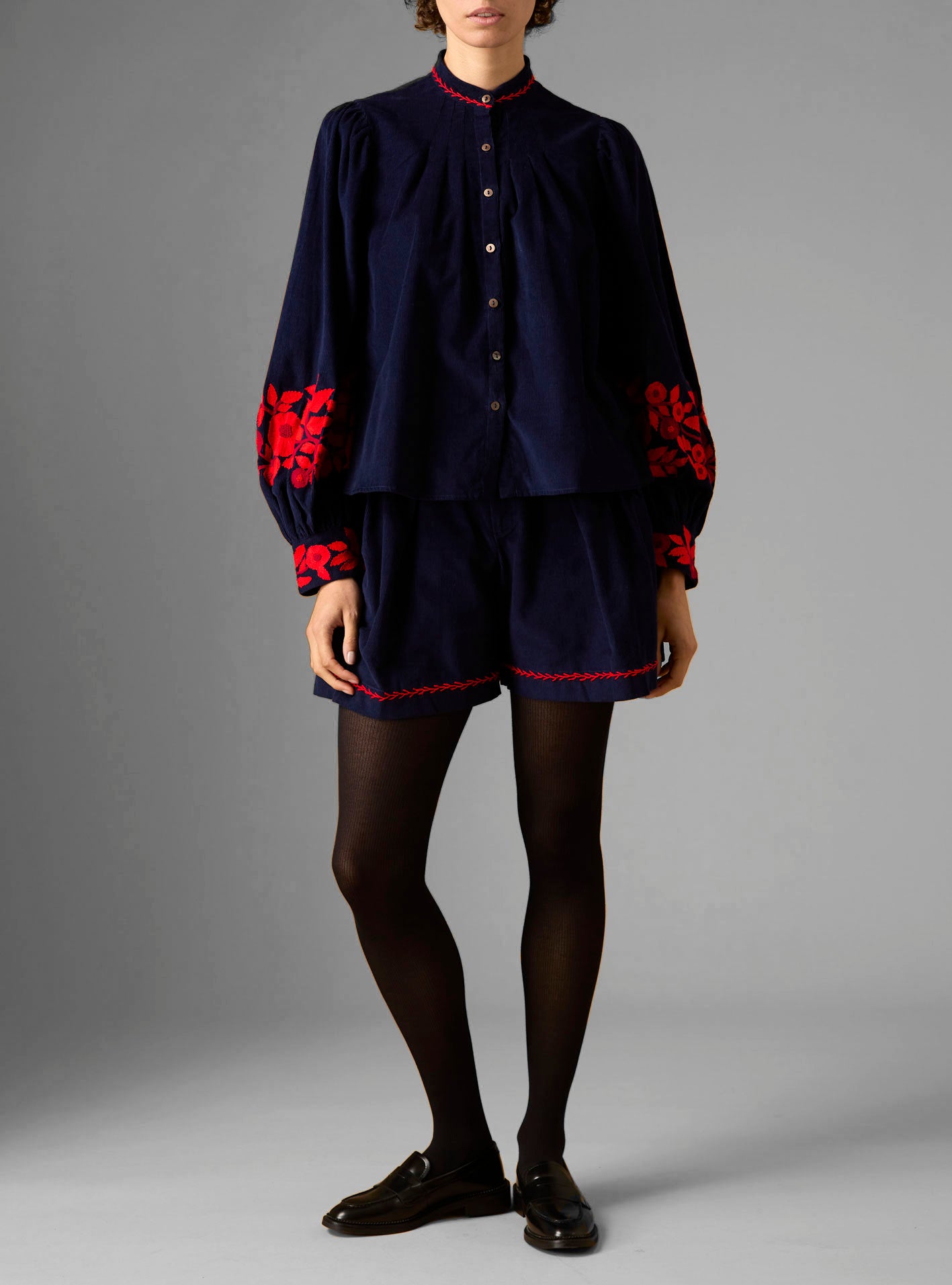 Yana Corduroy Navy/Red Blouse by Thierry Colson