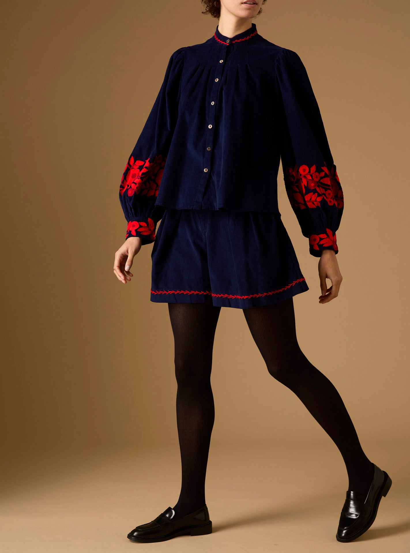 Large view of Yana navy/red Blouse - Embroidered corduroy by Thierry Colson 