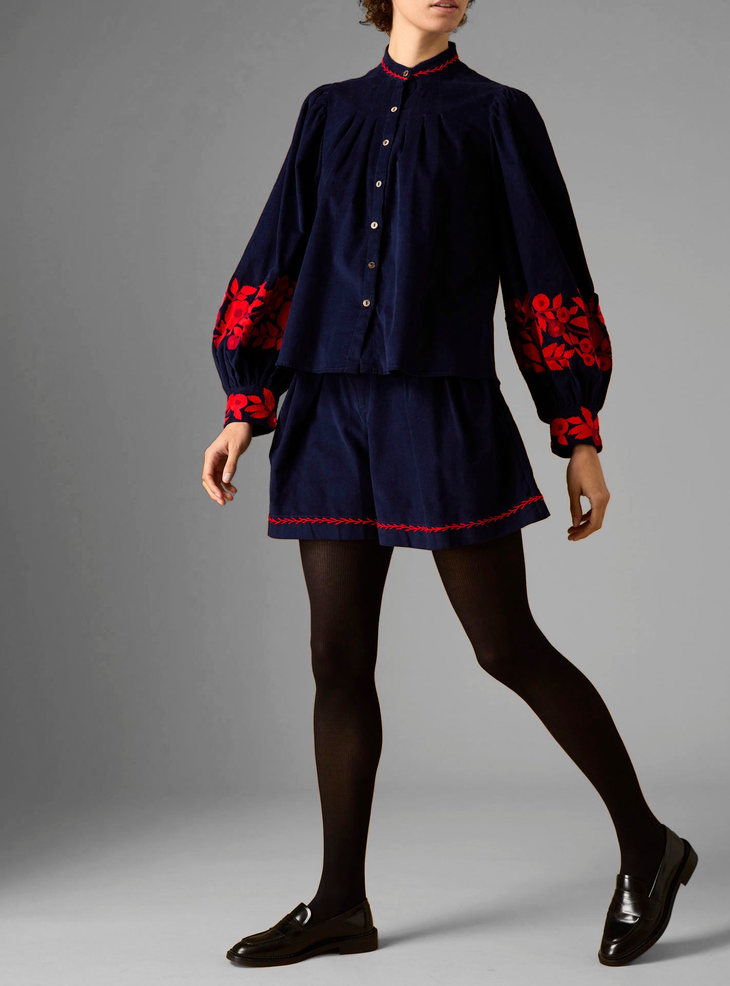 Yana Corduroy Navy/Red Blouse by Thierry Colson