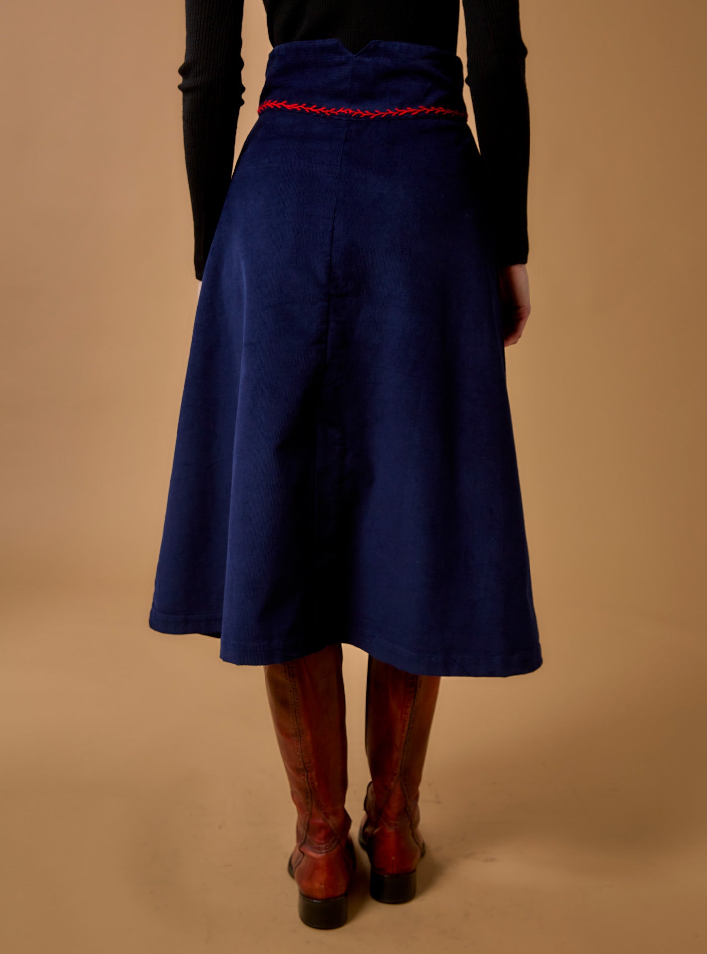 Back view of Yardley Navy/Red Skirt - Embroidered Corduroy by Thierry Colson