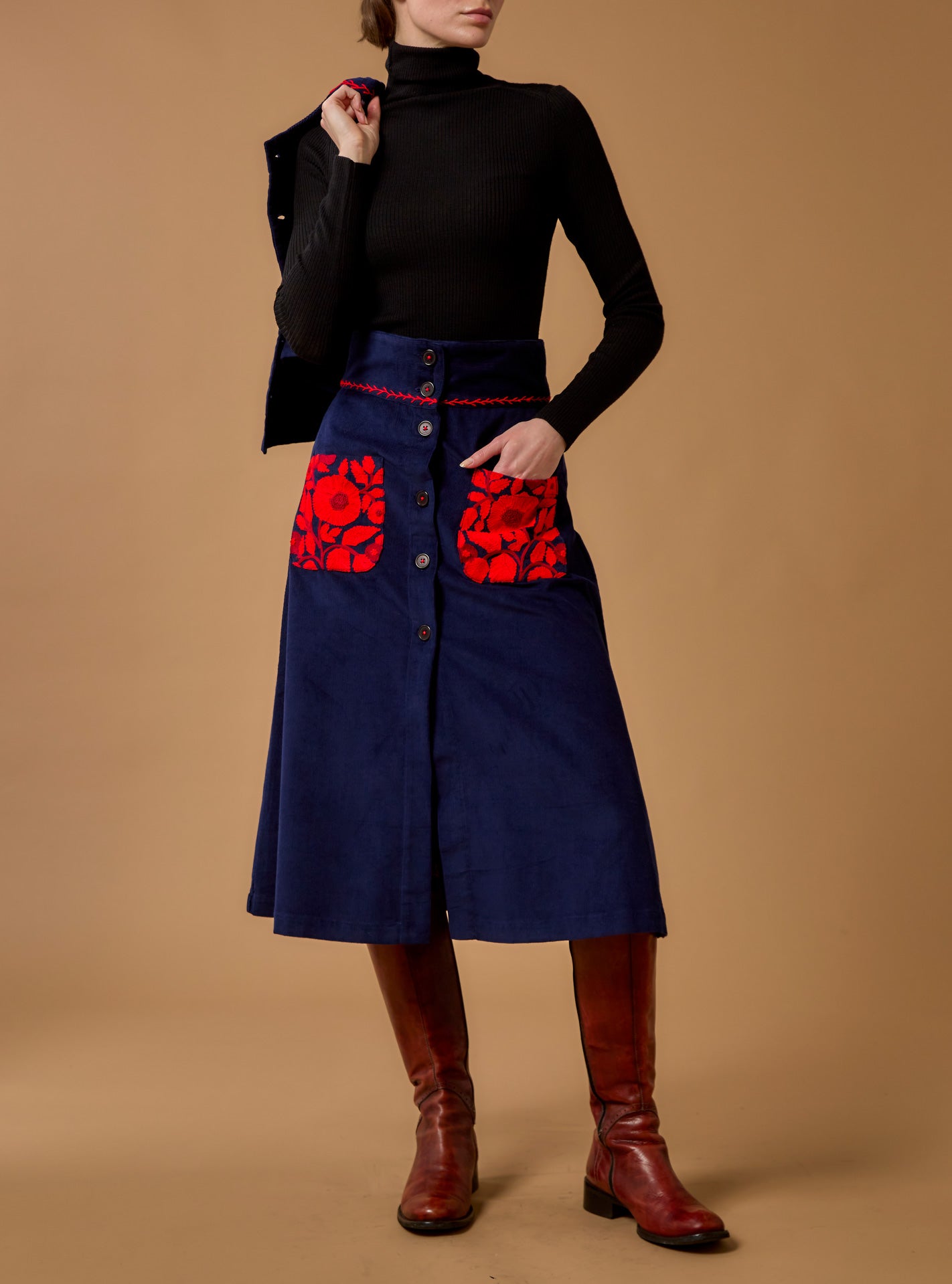 Yardley Navy/Red Skirt - Embroidered Corduroy by Thierry Colson