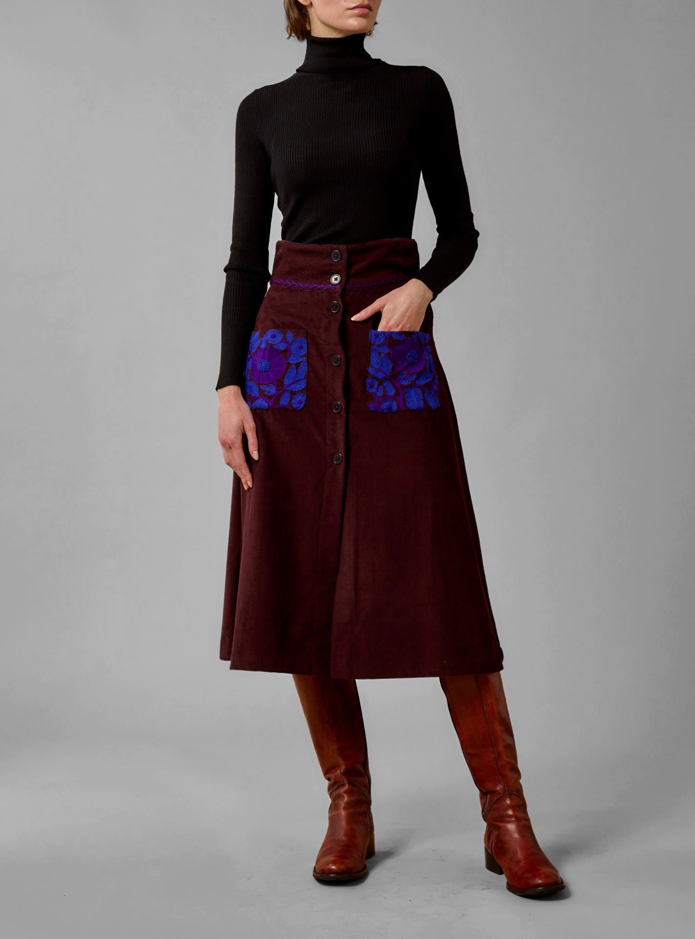 Yardley Embroidered Corduroy Navy Red Skirt by Thierry Coslon Thierry Colson