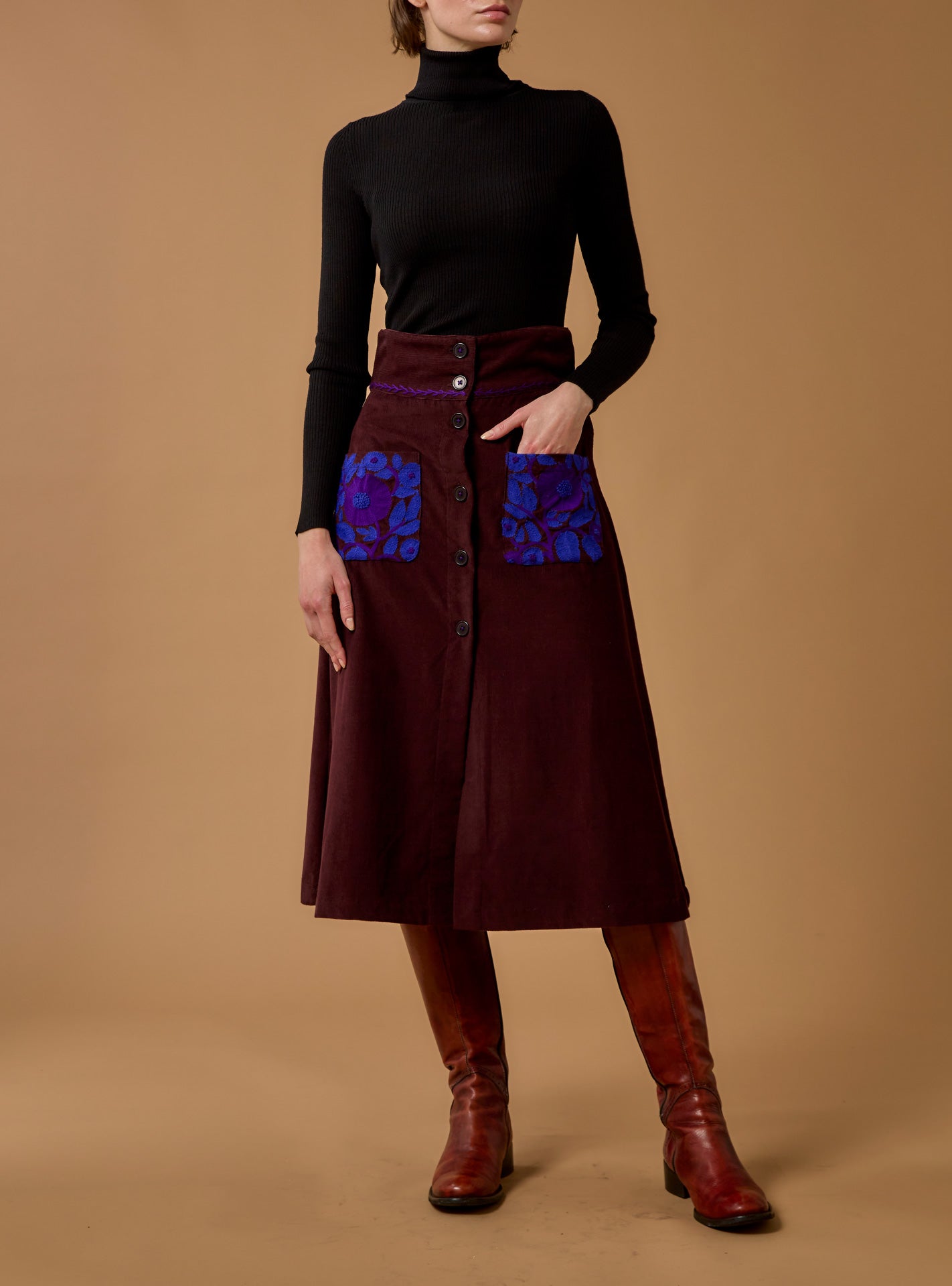 Large view of Yardley Chocolate/Cobalt & Purple Skirt - Embroidered Corduroy by Thierry Colson