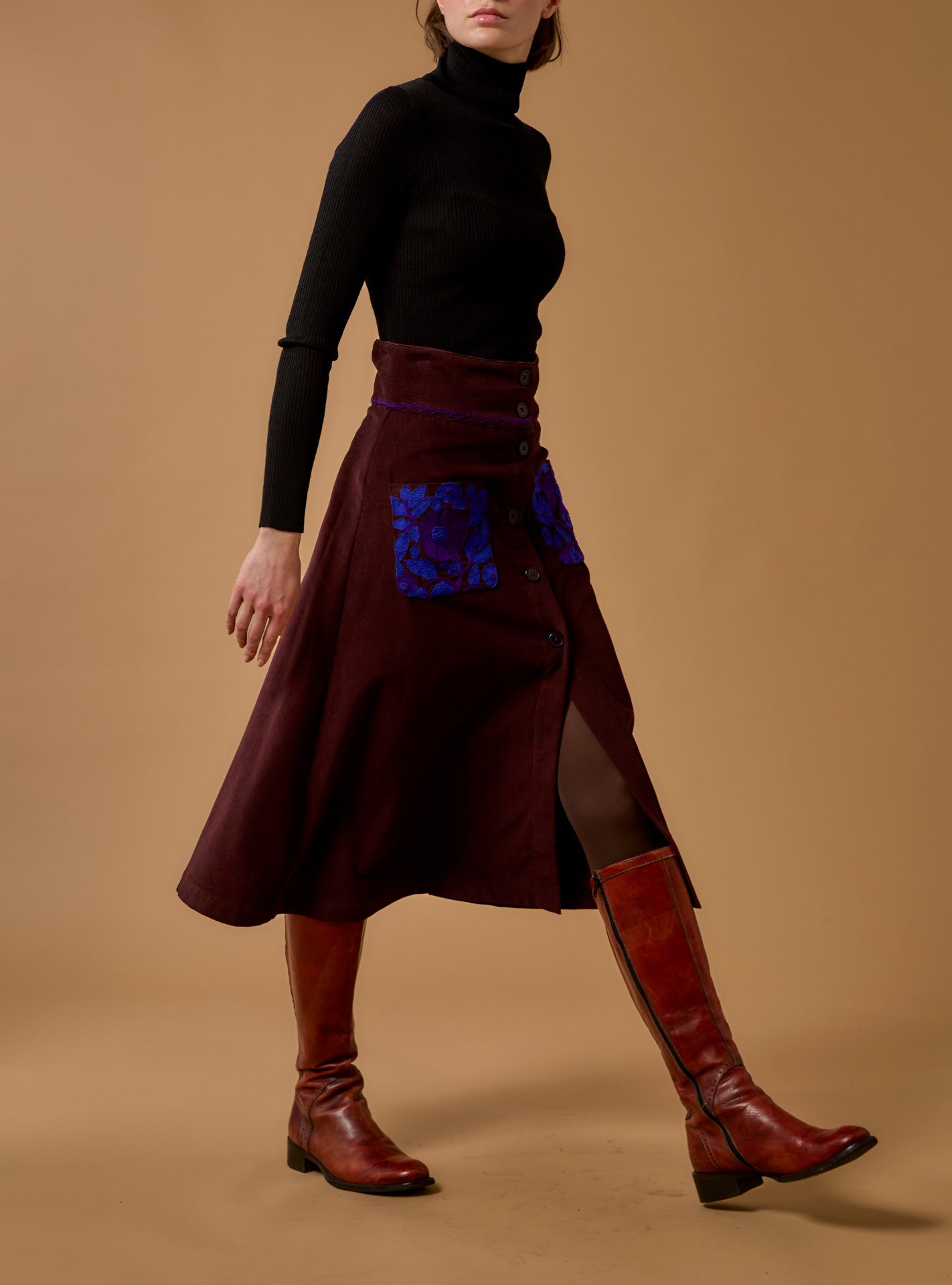 Side view of Yardley Chocolate/Cobalt & Purple Skirt - Embroidered Corduroy by Thierry Colson