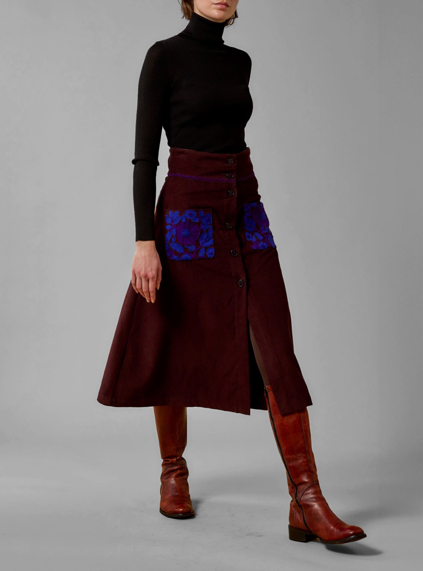 Yardley Embroidered Corduroy Navy Red Skirt by Thierry Coslon Thierry Colson