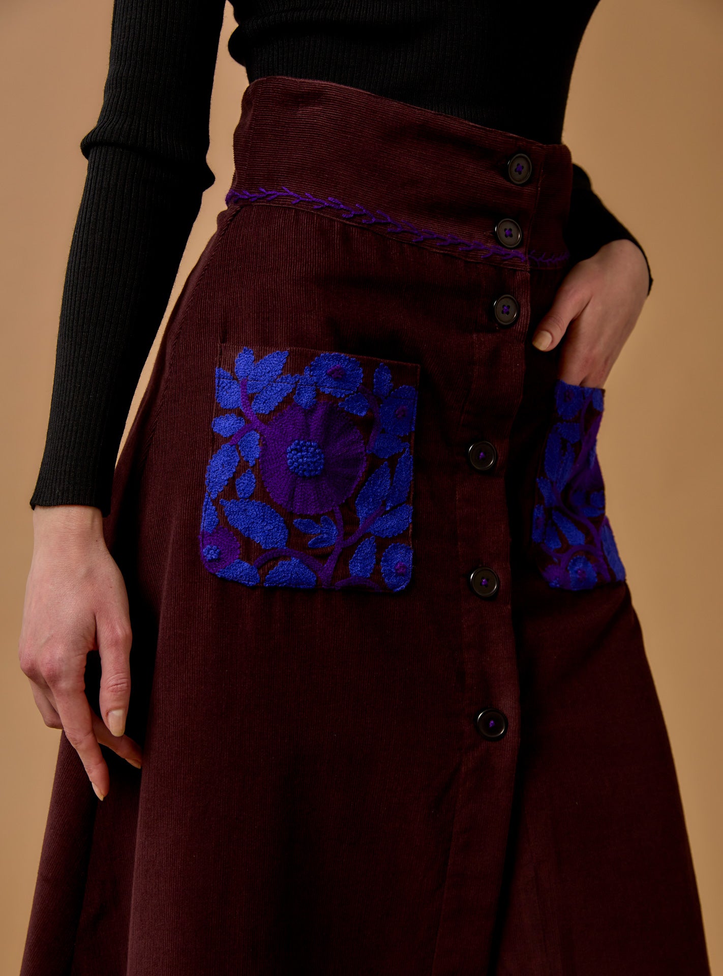 Pocket detail of Yardley Chocolate/Cobalt & Purple Skirt - Embroidered Corduroy by Thierry Colson