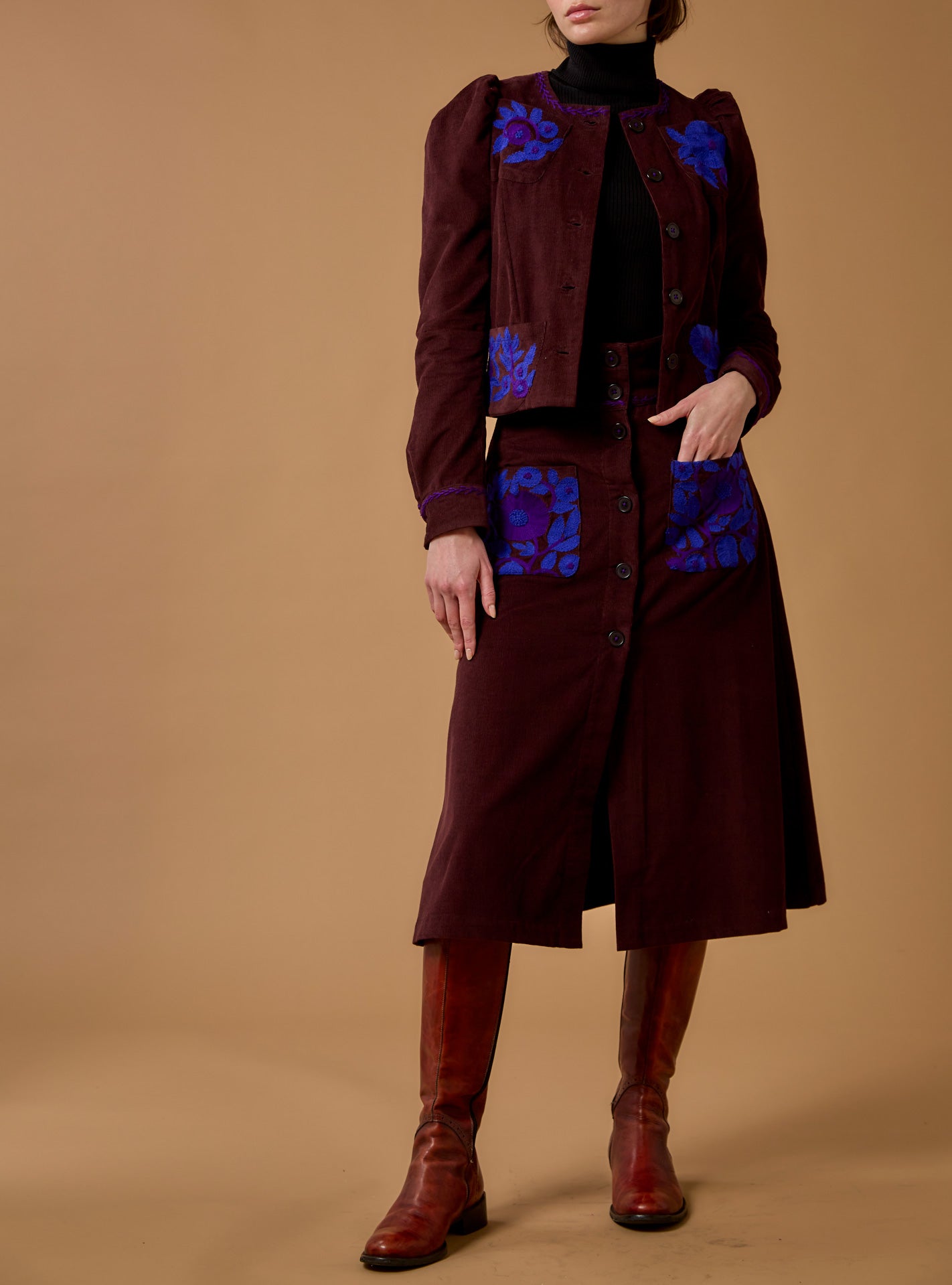 Large view of Yardley Chocolate/Cobalt & Purple Skirt with Arabella Jacket - Embroidered Corduroy by Thierry Colson