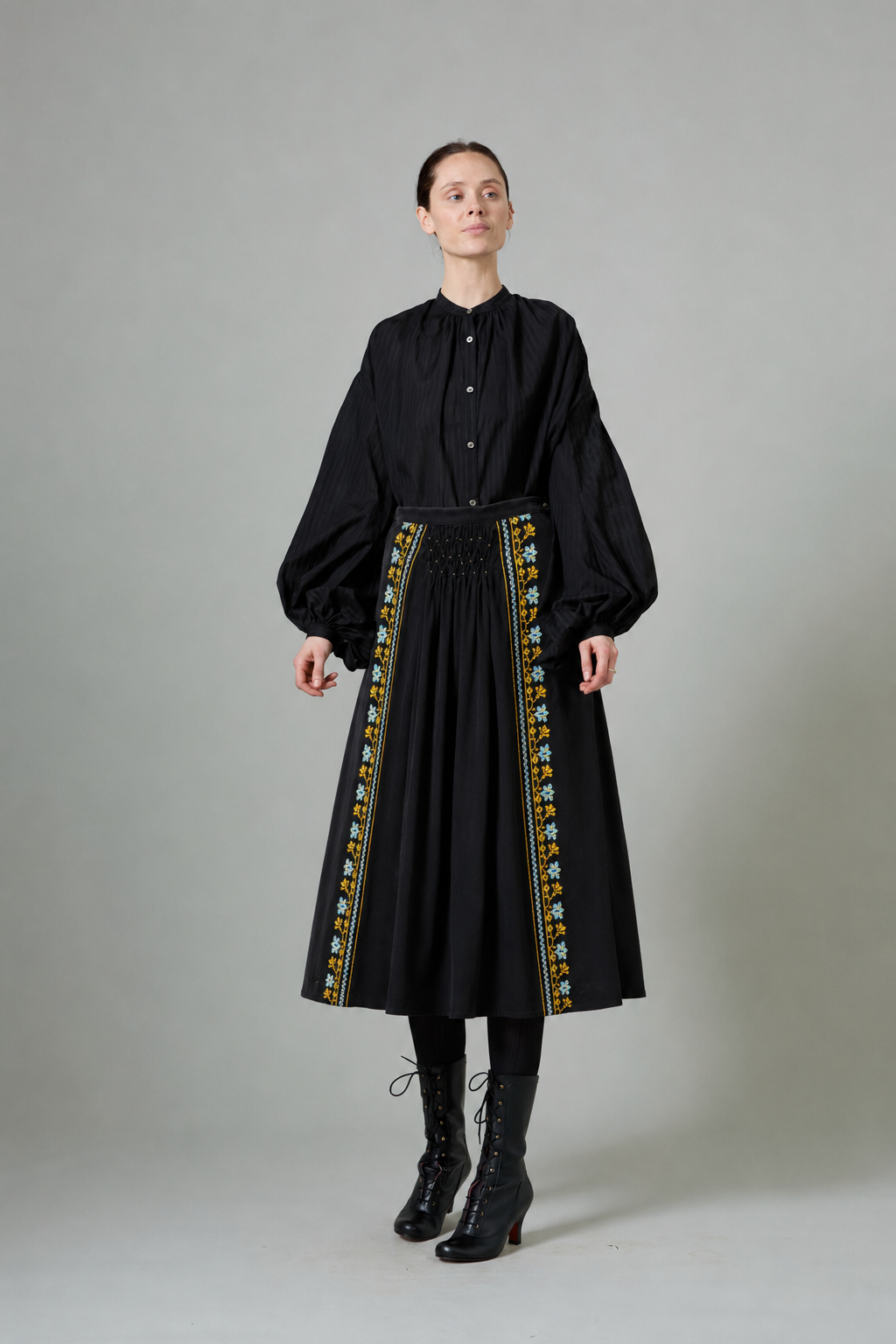 Yulia Skirt - Black - Embroidered Corduroy