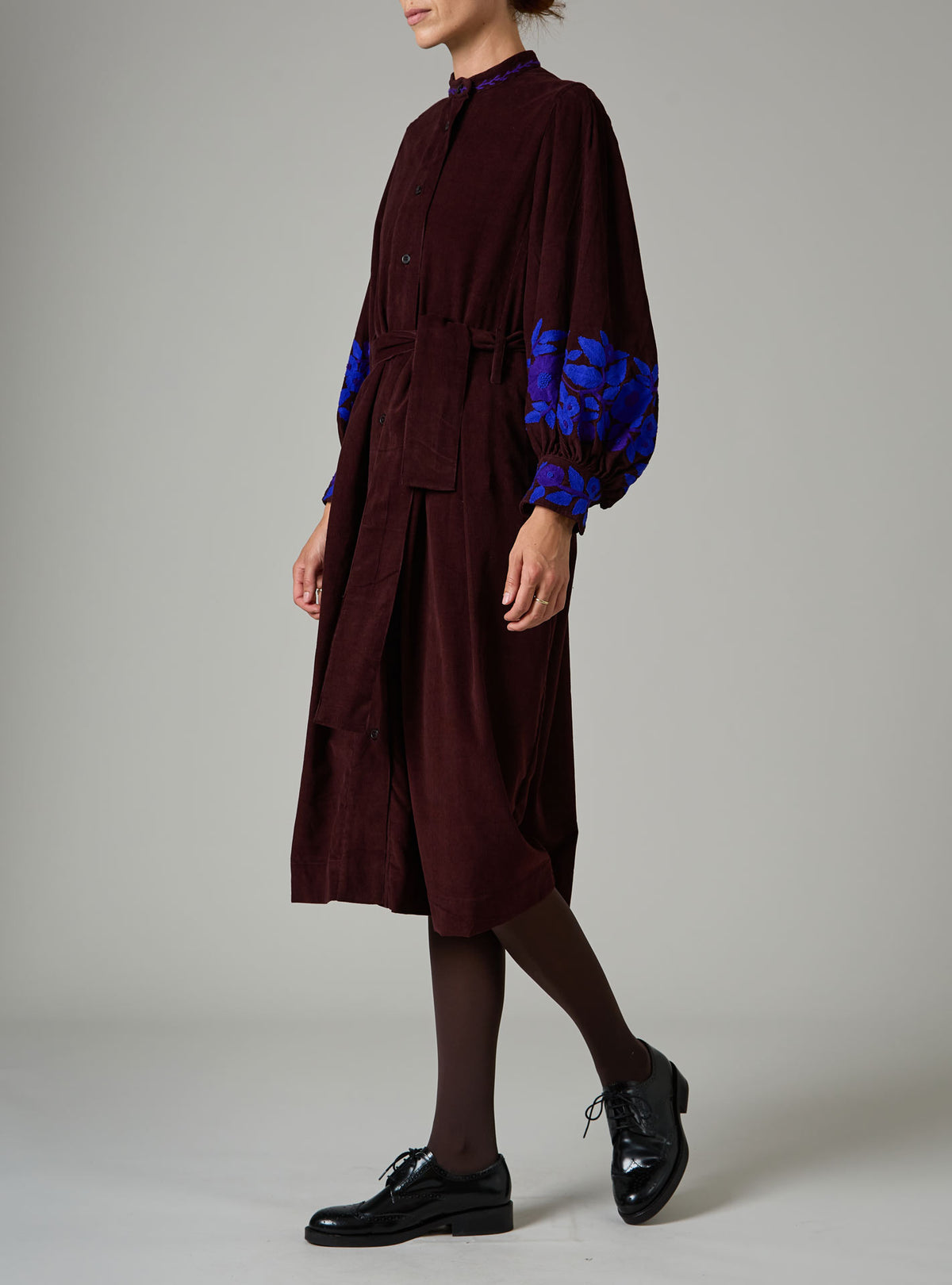 Yvonne midi dress -Balkanic embroidery -Chocolate /cobalt & purple
