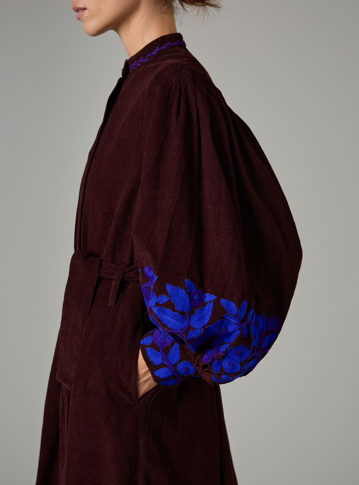 Yvonne midi dress -Balkanic embroidery -Chocolate /cobalt & purple
