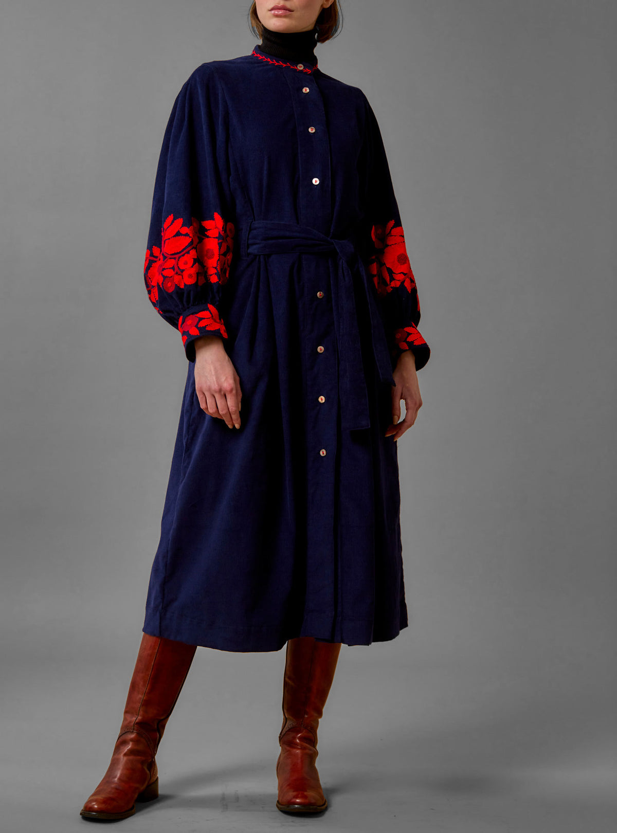 Yvonne Midi Dress - Balkanic Embroidery - Navy / Red