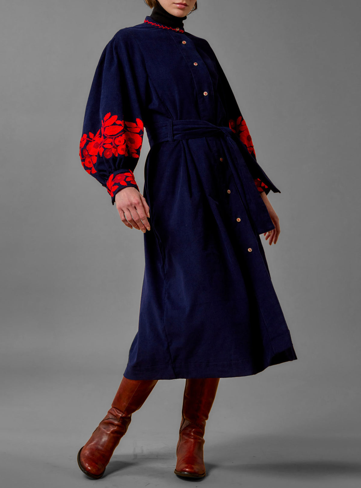 Yvonne Midi Dress - Balkanic Embroidery - Navy / Red