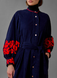 Yvonne Midi Dress - Balkanic Embroidery - Navy / Red
