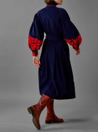 Yvonne Midi Dress - Balkanic Embroidery - Navy / Red