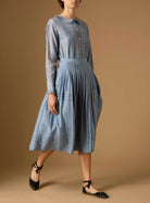 Ensemble Zazou skirt paired with Zulaika shirt blue grey cotton-silk fabric Thierry Colson