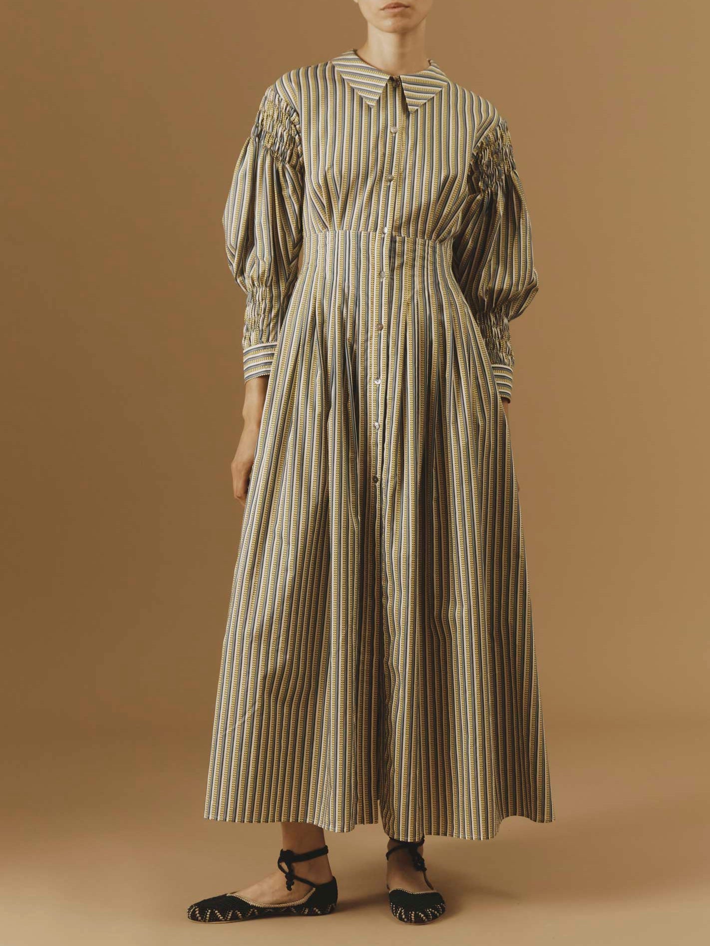 Front view of Zoe yellow long Dress by Thierry Colson
